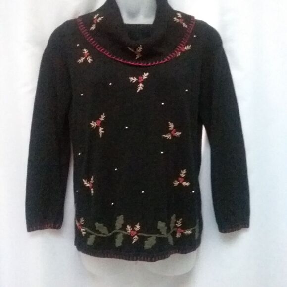 Basic Editions Tunic Sweater Cowl Neck Embellished Holiday Ugly Christmas Small - Picture 1 of 7